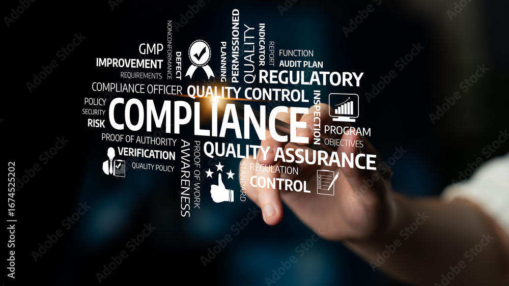 Poster visual representation of compliance and quality assurance concepts highlighting keywords related to 