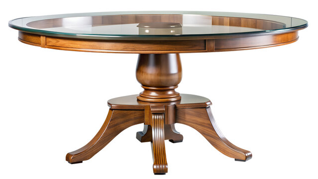 A classic wooden pedestal table with a round beveled glass top and ornate carved base showcasing elegant craftsmanship and timeless design isolated on transparent background