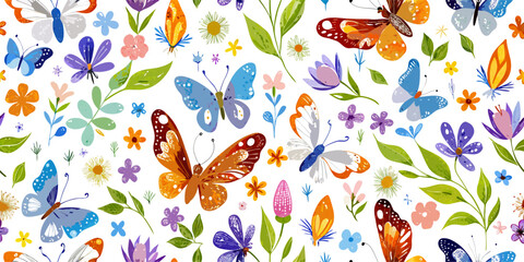 Colorful Butterflies and Flowers Seamless Pattern