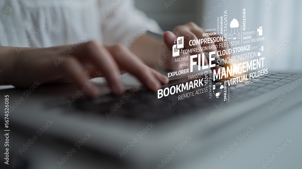 Poster a modern laptop in a stylish office setting showcasing digital file management concepts, emphasizing