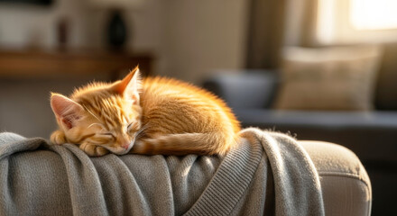 Orange kitten curled up sleeping on grey sweater indoors