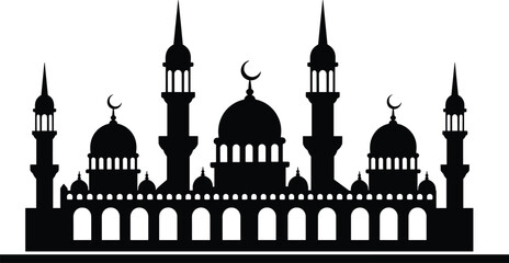 Silhouette of Islamic mosque, black vector illustration with domes and minarets, religious architecture design, Muslim worship building, cultural heritage clipart