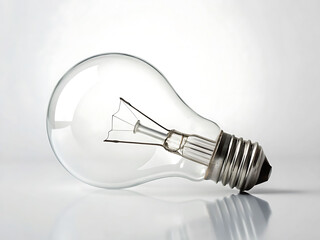 Clear incandescent light bulb on a white reflective surface