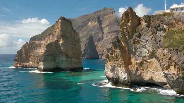 spectacular ultra hd 4k coastal landscape of majestic rugged cliffs rising directly from the deep turquoise sea at mina al fahal muscat oman highlighted by natural sunlight dramatic contrasting