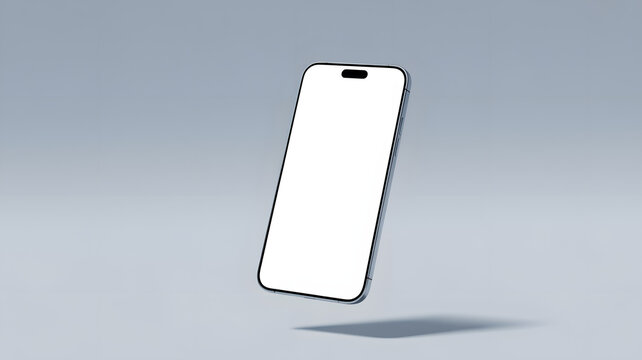 Floating smartphone with a blank white screen against a light gray gradient background in studio shot