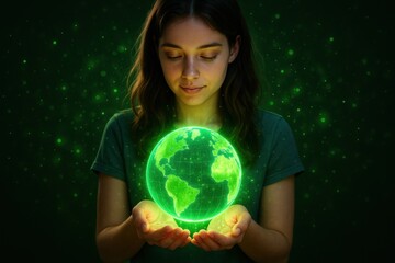 Naklejka premium Young Woman Holding Glowing Earth Hologram Environmental Protection Future Sustainability Vision