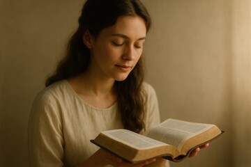 Naklejka premium Young woman finding spiritual guidance and wisdom through contemplative Bible study in peaceful setting