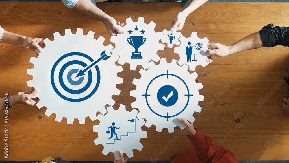 Poster a dynamic composition showing diverse hands holding gear icons that symbolize teamwork and collabora