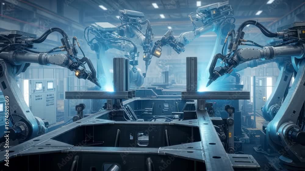 Poster closeup of robotic arms working on assembly of a large deepmine haul truck frame inside a hightech f