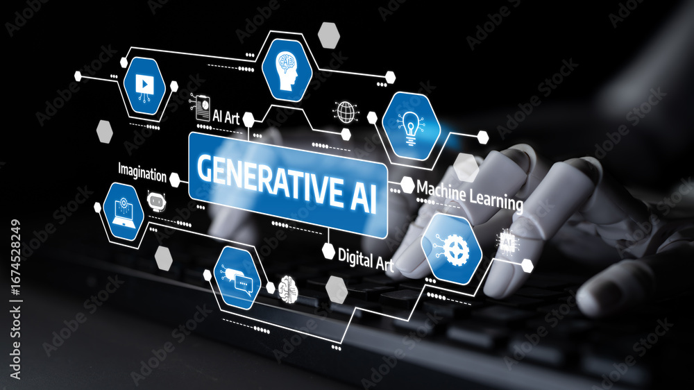 Poster a conceptual image featuring hands typing on a keyboard, surrounded by icons representing generative