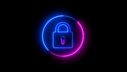 Neon padlock icon on black background