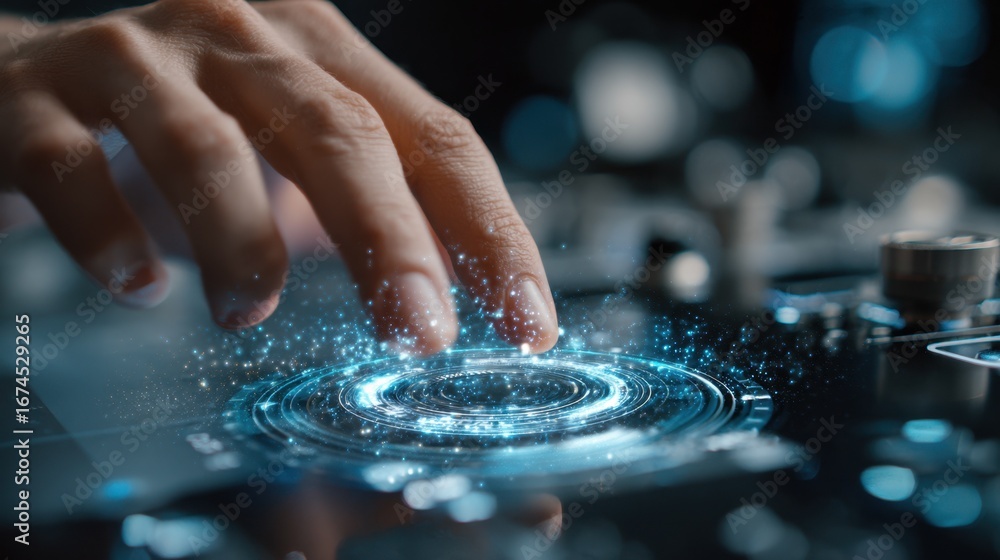 Poster medium shot of a hand carefully calibrating a futuristic sensor device set against an outoffocus con