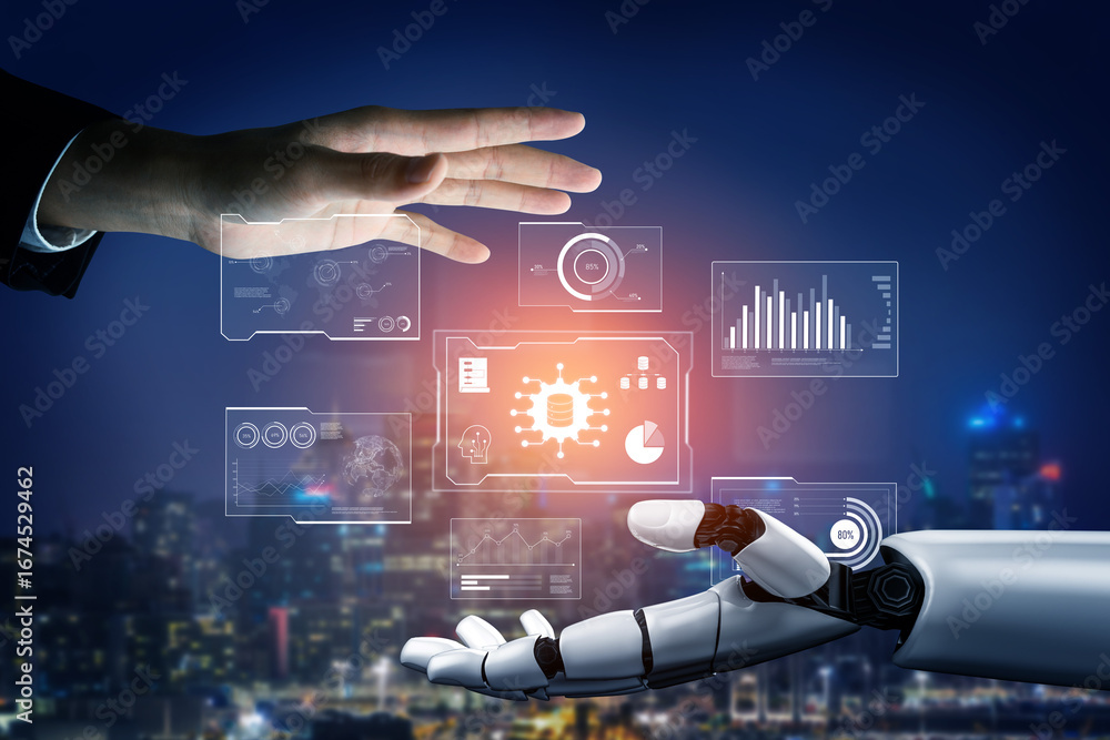 Poster ai reading big data visualization dashboard, analyzing insights, identifying patterns, and generatin