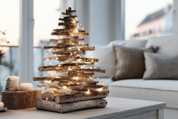 Alternative Christmas tree made of natural wood logs, adorned with warm fairy lights, placed on a table in a cozy living room setting, creating a festive atmosphere