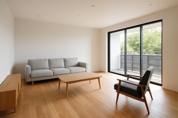 Fototapeta premium Bright contemporary living room with floor-to-ceiling windows and minimalist Scandinavian design