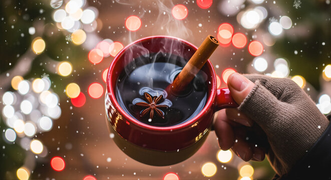Hand Holding a Warm Mug of Mulled Wine with Snowflakes