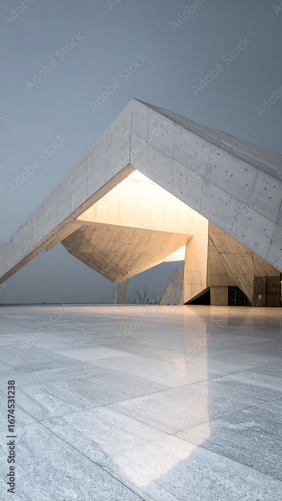 Poster geometric concrete structure with soft central glow and light gray surface