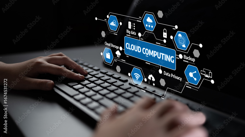 Aufkleber close-up of hands typing on a keyboard with visual representations of cloud computing concepts, illu
