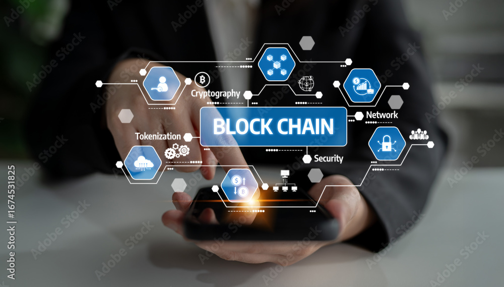Poster a close-up of hands interacting with a smartphone showcasing blockchain technology concepts, includi