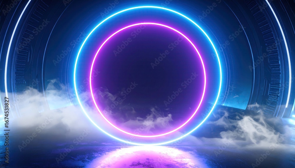 Poster glowing neon circle surrounded by blue light and fog creating a futuristic and abstract design