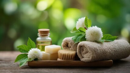 Natural spa wellness video with essential oil bottle, handmade soap, soft towels, and flowers in earthy green tones, perfect video background for wellness blogs, eco branding, aromatherapy ads