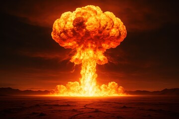 Dramatic atomic mushroom cloud formation over desolate landscape during nuclear weapons test
