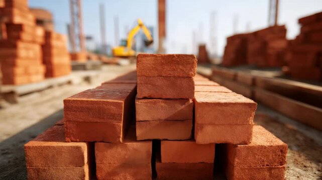 stacked red bricks at construction site with industrial crane blurred in background, earthy orange tones, ideal for construction industry visuals, urban development projects, real estate branding