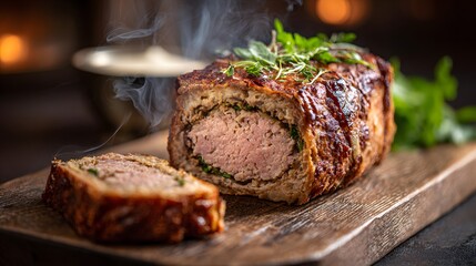Close-up Rieslingspaschtit loaf cut open showing steaming meat filling.