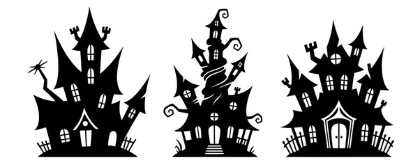 Halloween icon set of spooky houses in black silhouette style  