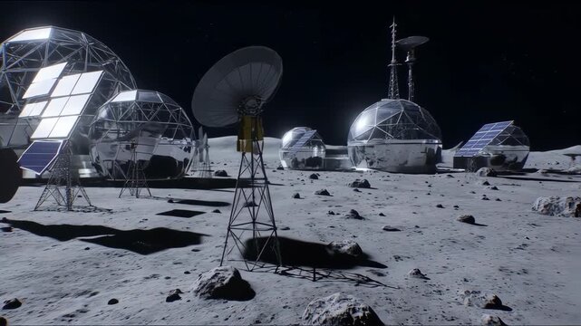 Lunar outpost with domes, solar panels, and antennae