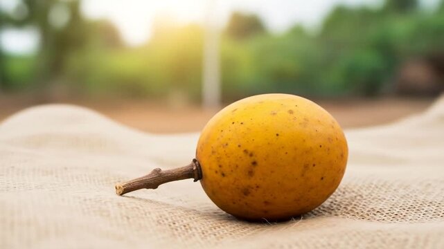 Close-up of a ripe santol fruit with a stem on a burlap surface.