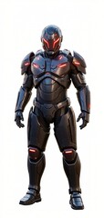Obraz premium A full-body shot of a futuristic armored soldier or warrior stands in a powerful pose, dressed in sleek, dark gray and black body armor with glowing red accents.
