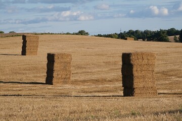 Big haystacks made of rectangular hay bales looking like an Australian rock placed in fields in...