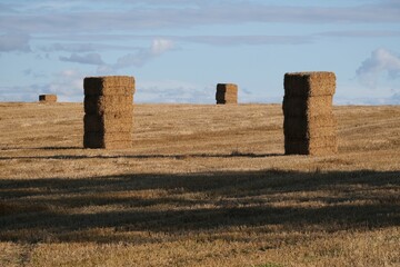 Big haystacks made of rectangular hay bales looking like an Australian rock placed in fields in...