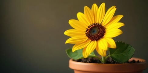 Obraz premium Close-up of single bright yellow sunflower face in a terracotta pot, yellow, botanical
