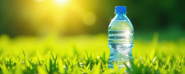 Cool, refreshing bottled water rests in sunny field grass , background, hydration
