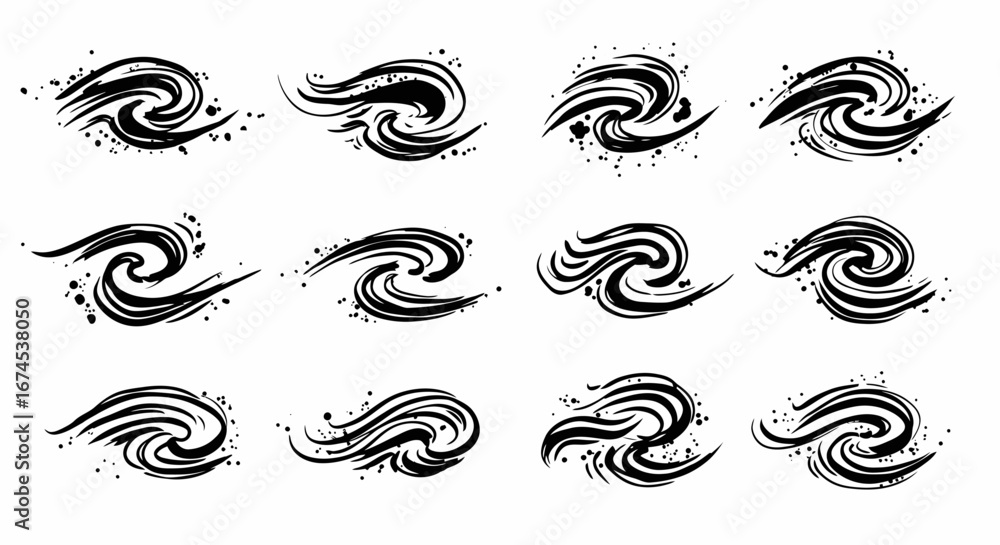 Poster collection of abstract dynamic swirling brush stroke effects representing motion and energy in artis