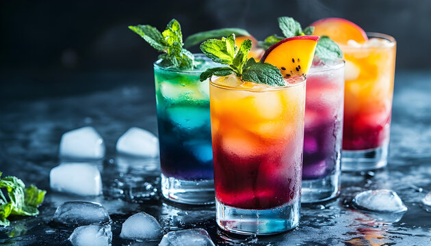 Vibrant layered cocktails with colorful fruit garnishes, ice create festive atmosphere. Perfect for celebrations, parties, relaxing summer days