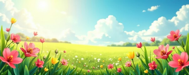 Abstract spring floral background, sunlit grass, sky , flower, spring, bright