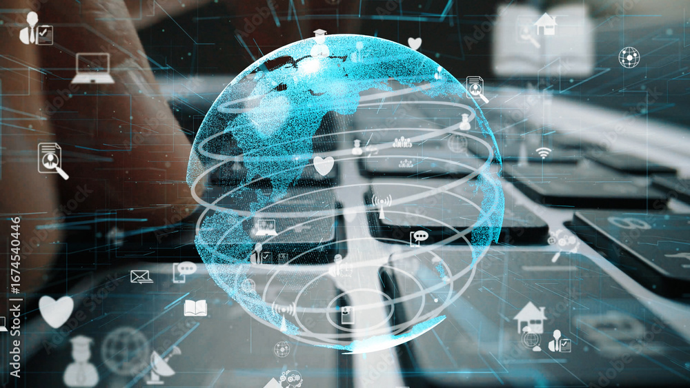 Poster a vibrant digital globe surrounded by technology icons represents global connectivity and interactio