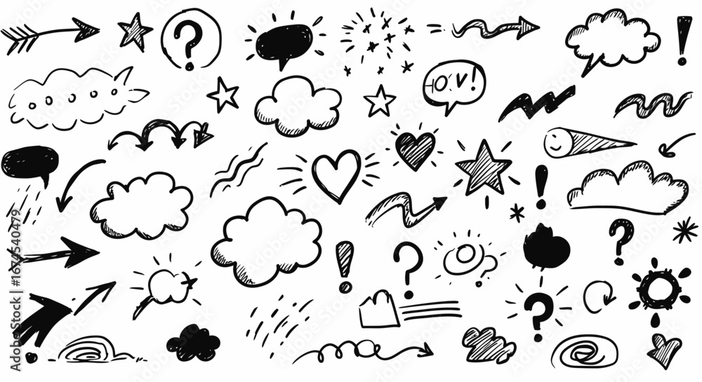 Aufkleber collection of hand drawn doodle elements including speech bubbles arrows stars clouds and question m