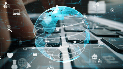 A vibrant digital globe surrounded by technology icons represents global connectivity and interaction, emphasizing data exchange and communication on a laptop. Xenic