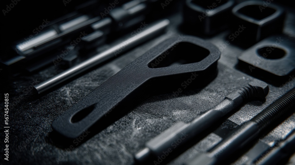 Poster medium shot of a sleek polymer 3dprinted automotive part in focus surrounded by outoffocus engineeri