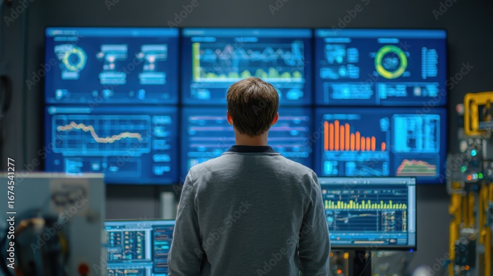 Poster medium shot of an engineer reviewing energy efficiency dashboards displayed on a wall monitor with b