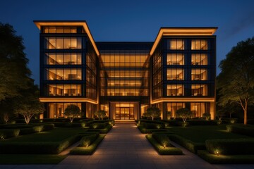 Luxury boutique hotel exterior with sophisticated architectural lighting and pristine landscaping