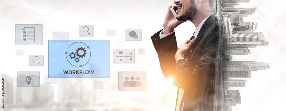 Poster workflow optimization concept featuring interconnected gears, task management, collaboration, proces