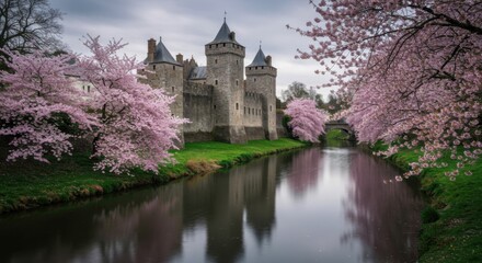 Naklejka premium Historic medieval castle beside river with pink cherry blossoms.