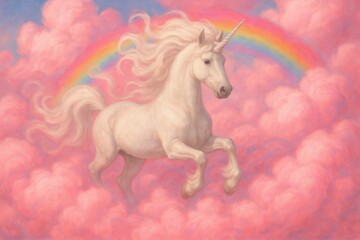 Fototapeta premium Magical unicorn soaring through rainbow cotton candy clouds in fantasy dreamscape