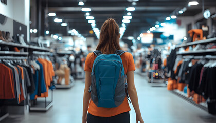 Woman with backpack walks through sports equipment store. Rows of clothing and shoes displayed. Brightly lit aisles suggest active shopping or store security monitoring suspicious behavior