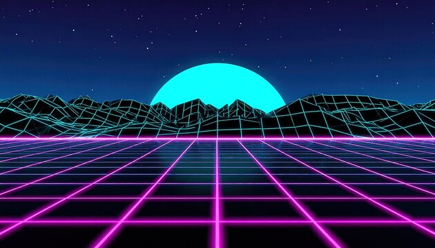 Neon Retrowave Landscape With Wireframe Grid Over Horizon and Cyan Magenta Glow Under Starry Night Sky